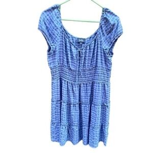 By & By Blue Gingham Smocked Tiered Mini Dress XL Cap Sleeve Sweetheart Y2K Boho